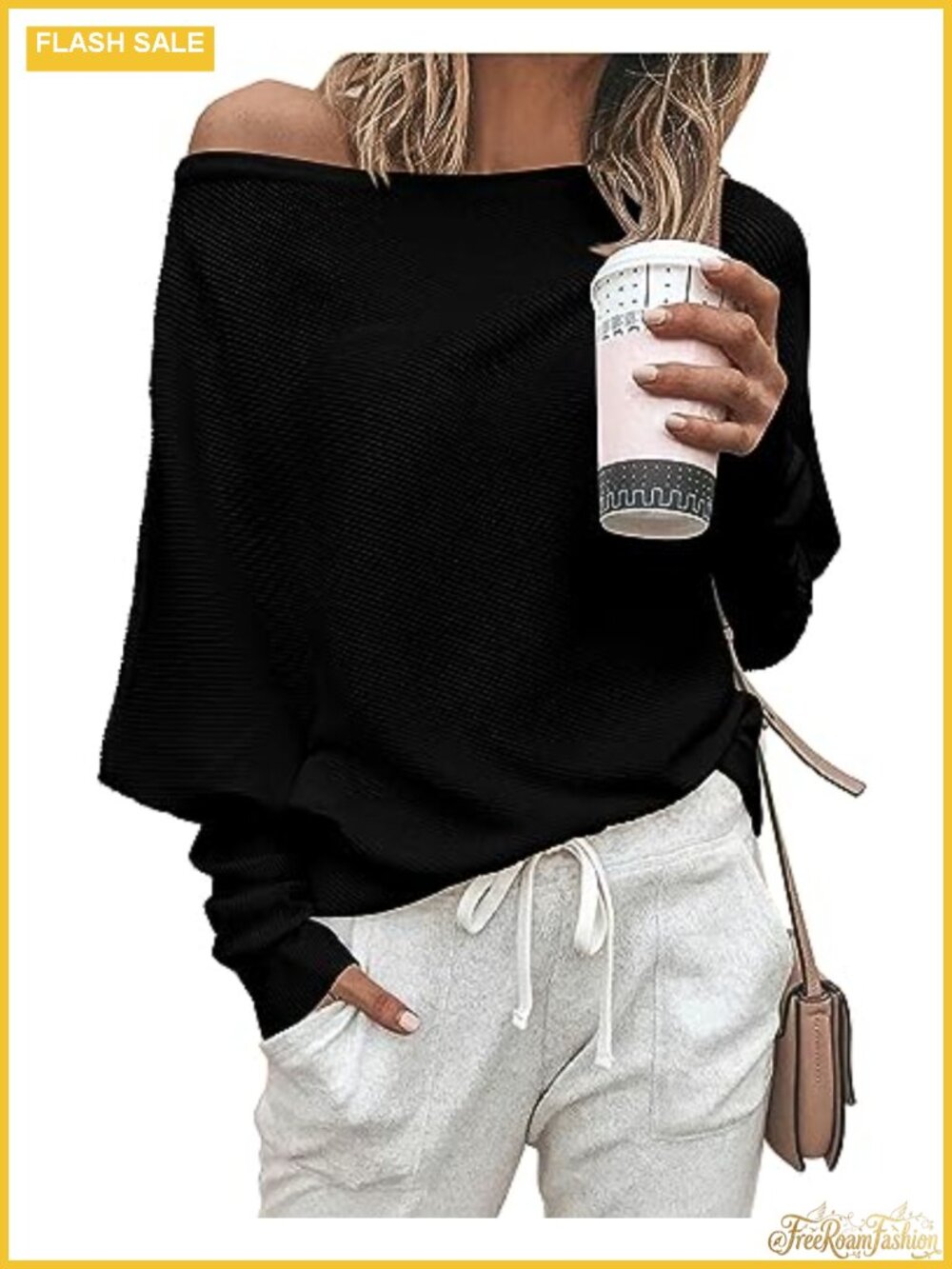 Off The Shoulder Sweater Knit Pullover Long Sleeve Batwing Top